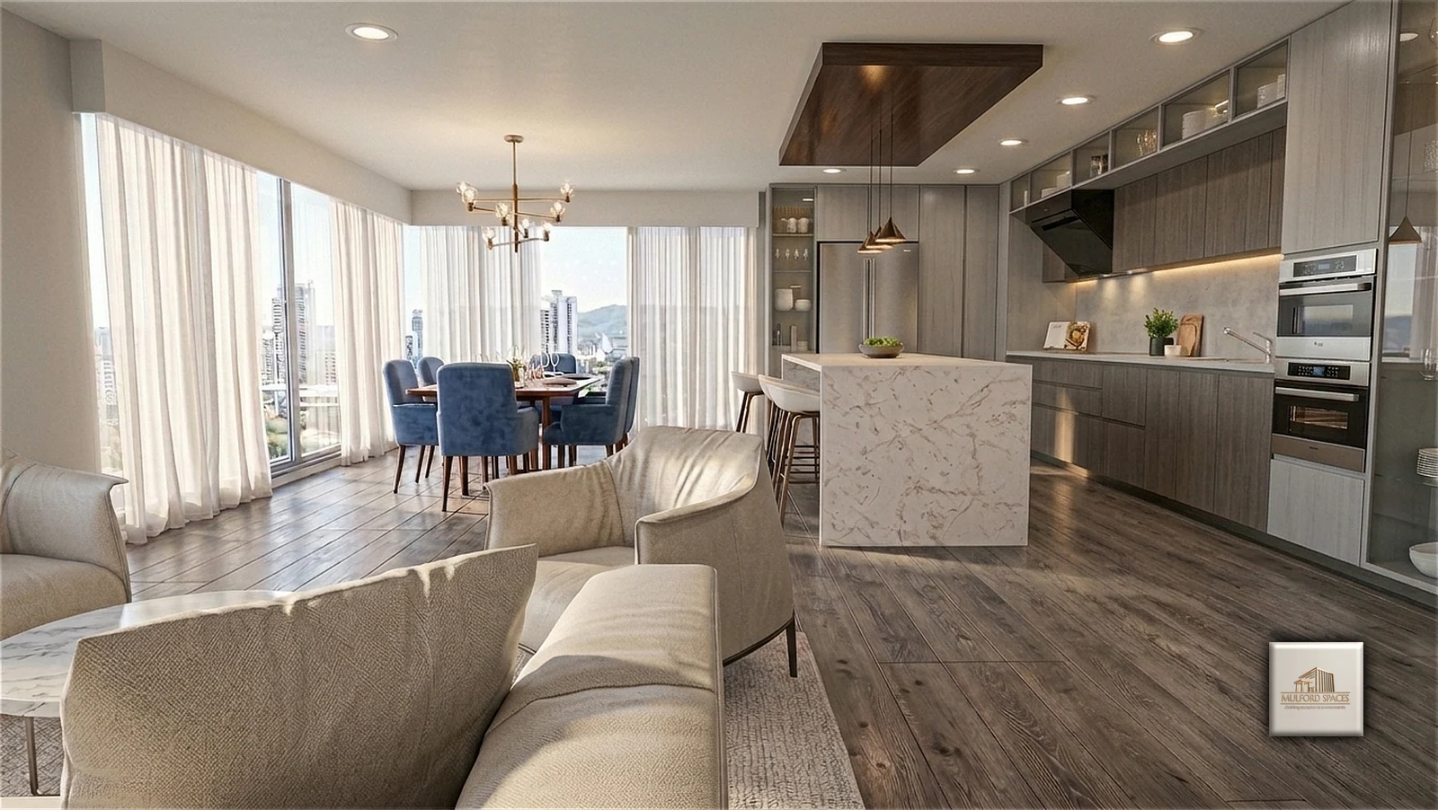 Conceptual 3D visualization of an open living, dining, and kitchen space with large windows and a central island.
