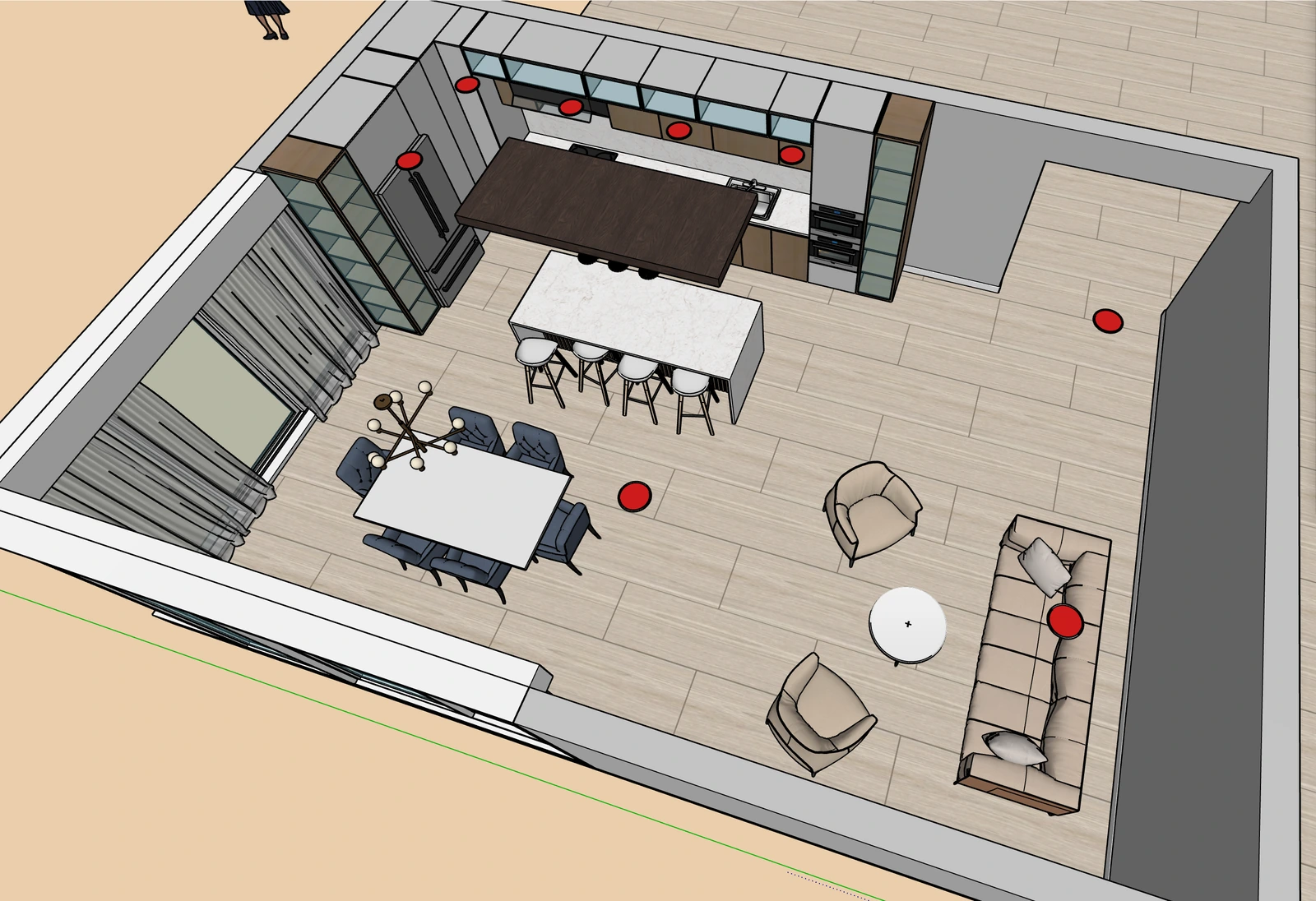 Aerial SketchUp view of Kitchen & Living Concept, showing the kitchen, dining and living areas.